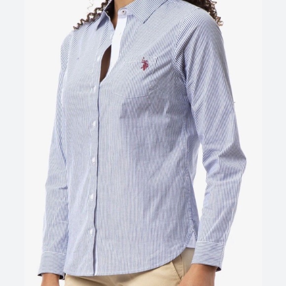 US Polo Assn Ralph Lauren Striped poplin long sleeve shirt blue white preppy S - Picture 2 of 8
